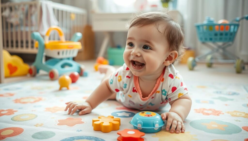 Bebê brincando com diversos produtos infantis em ambiente seguro e colorido